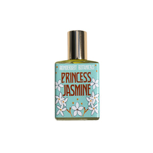WONDERLUST BOTANICALS Princess Jasmine roll-on perfume in a 0.5 oz glass bottle, infused with pure jasmine essential oil for a warm, uplifting floral aroma.