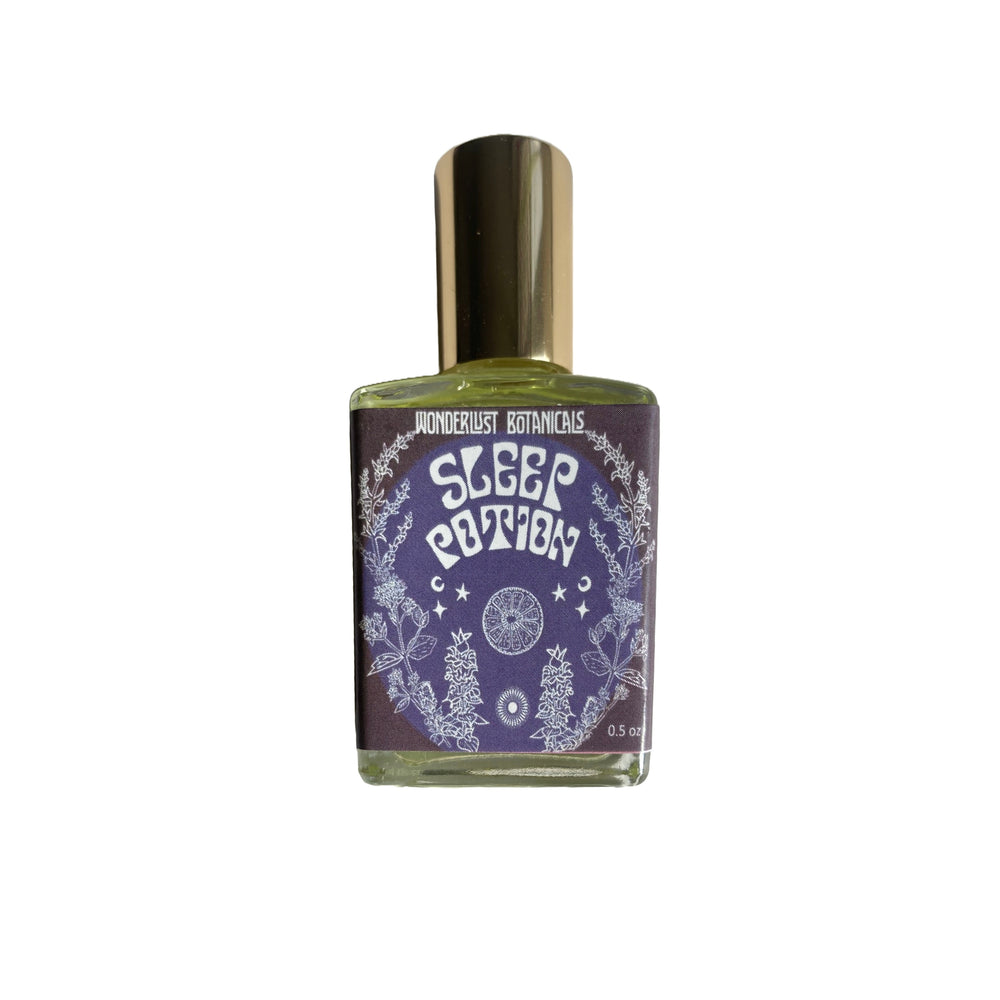 Wonderlust Botanicals Sleep Perfume Oil in a 0.5 oz roll-on bottle, featuring a calming floral blend.