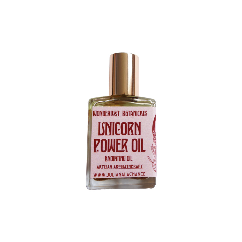 Wonderlust Botanicals Unicorn Power Perfume Oil in a 0.5 oz roll-on bottle, featuring a soothing floral blend of lavender and vanilla.