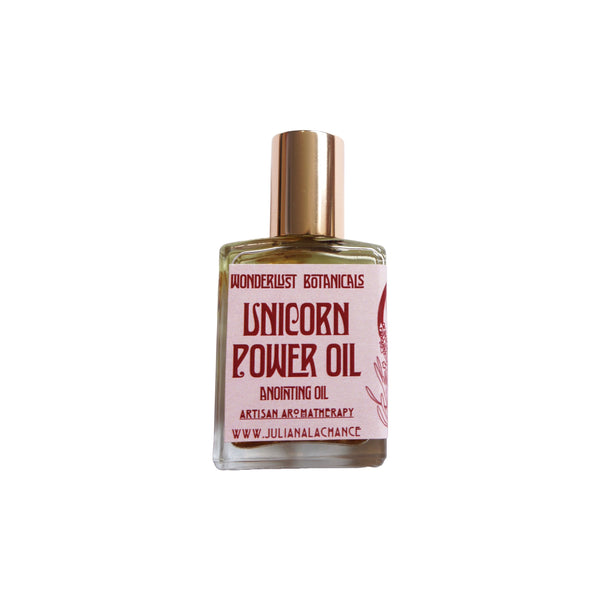 Wonderlust Botanicals Unicorn Power Perfume Oil in a 0.5 oz roll-on bottle, featuring a soothing floral blend of lavender and vanilla.