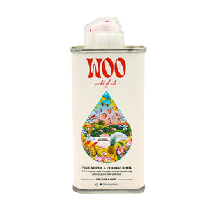 Can of WOO pineapple and coconut oil on a white background