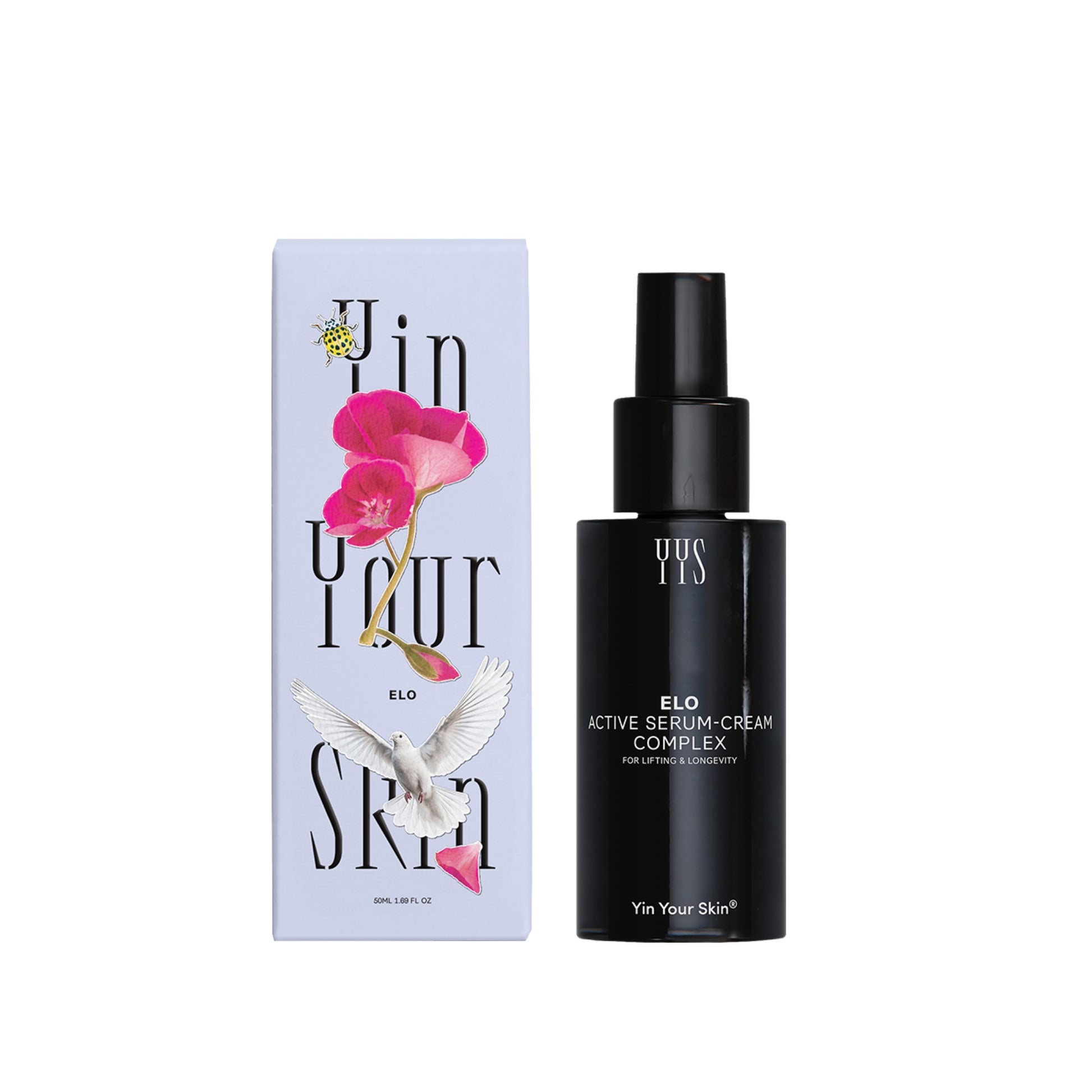 YIN YOUR SKIN ELO Active Serum-Cream Complex in violet Miron glass bottle with natural botanical ingredients.