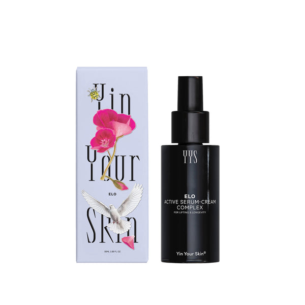 YIN YOUR SKIN ELO Active Serum-Cream Complex in violet Miron glass bottle with natural botanical ingredients.