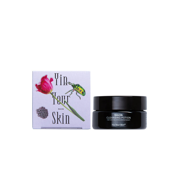 YIN YOUR SKIN SALVA Cleansing Potion in violet glass jar with natural botanical ingredients