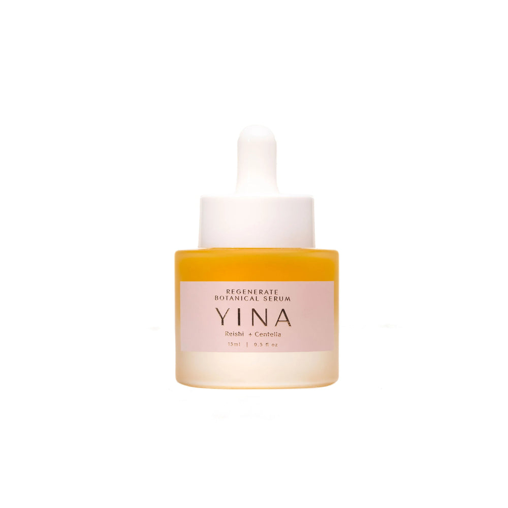 YINA Regenerate Botanical Serum in clear matte glass bottle with white pipette, on white background