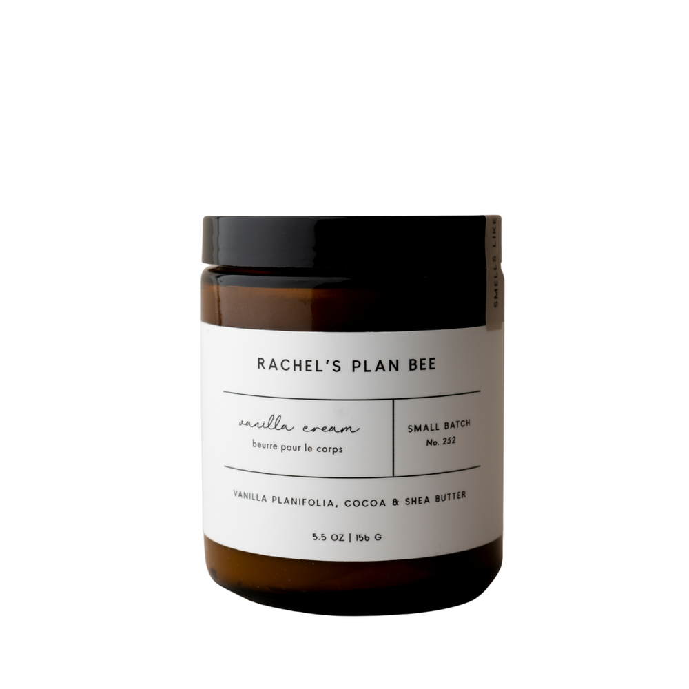 Jar of Rachel’s Plan Bee Vanilla Cream with whipped texture on a white background