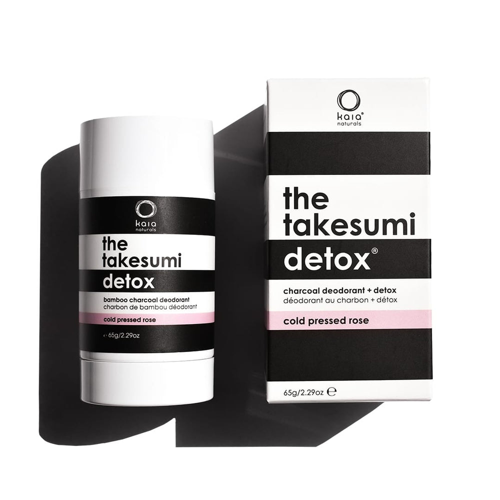 Kaia Naturals Charcoal Deodorant Cold Pressed Rose, part of the Takesumi Detox system, with activated charcoal for freshness, natural rose and geranium fragrance, and free from aluminum and baking soda.