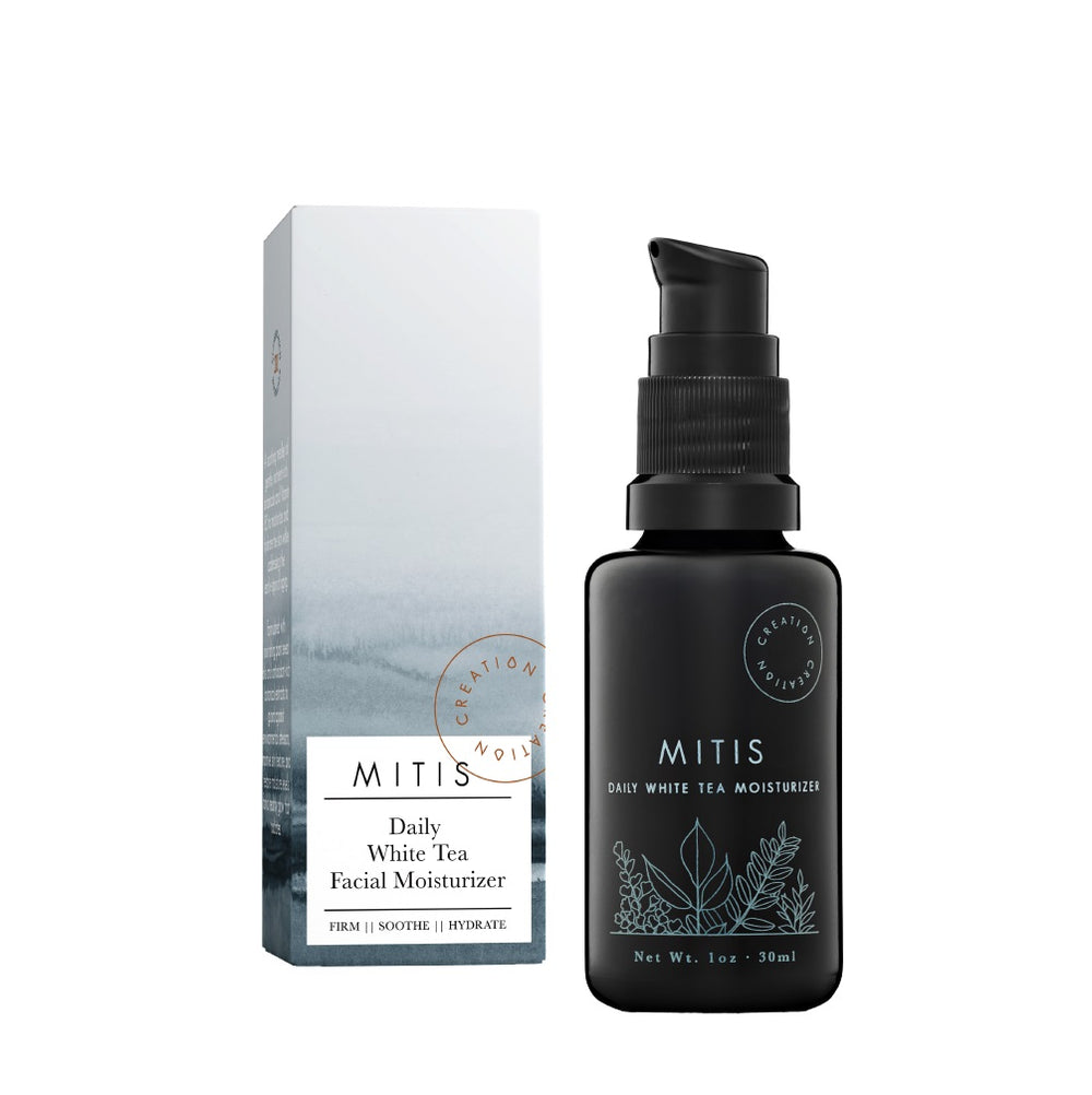 CREATION MITIS lightweight milky face cream in a bottle, formulated with jasmine white tea, vitamin B5, and soothing botanicals to hydrate, firm, and revitalize the skin.