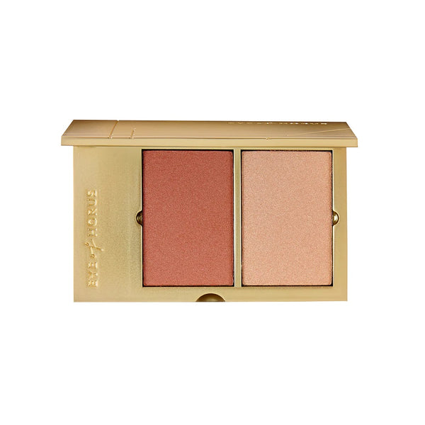 Eye of Horus Complexion Duo Luminate refillable compact with blush and highlighter. Natural, vegan formula enriched with moringa oil and desert clay.
