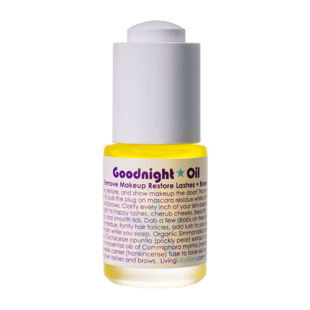 Living Libations Goodnight Oil for makeup removal and overnight skin, lash, and brow care. 15ml