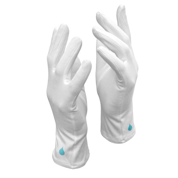 White bamboo gloves for overnight hand care, made from a blend of bamboo fiber and Lycra.