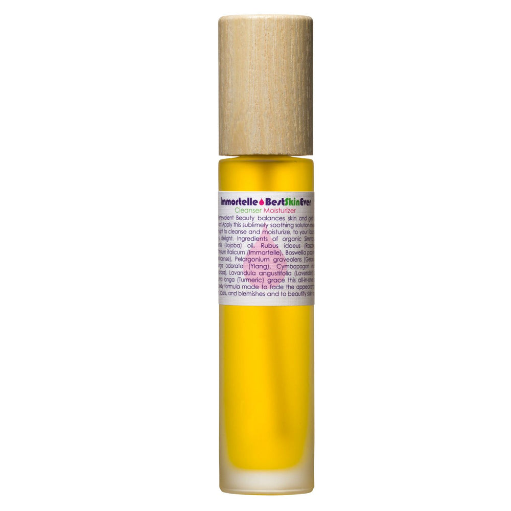Living Libations Best Skin Ever Immortelle, a luxurious blend of Immortelle, Frankincense, and Raspberry Seed oil to cleanse, exfoliate, and nourish the skin. 30ml