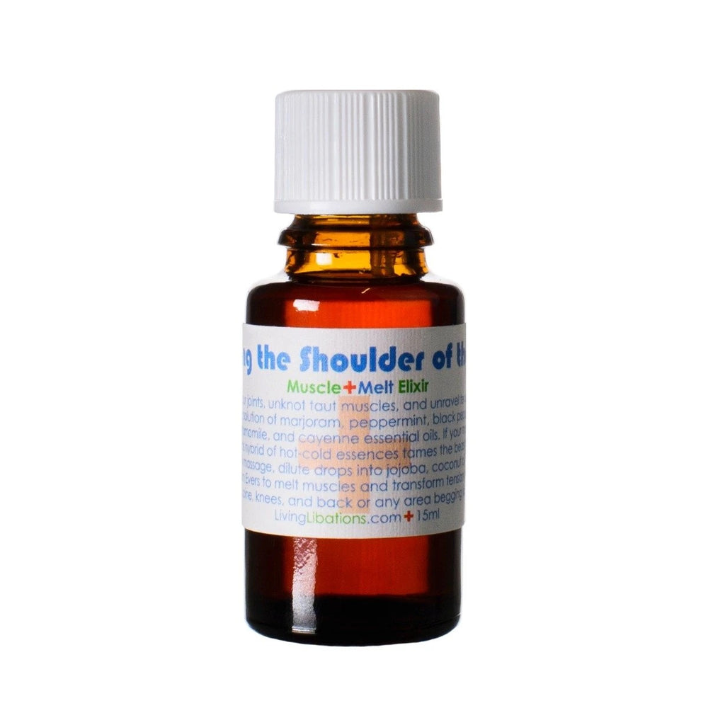 Bottle of Living Libations Feeling the Shoulder of the Lion Muscle Melt Elixir. 5ml