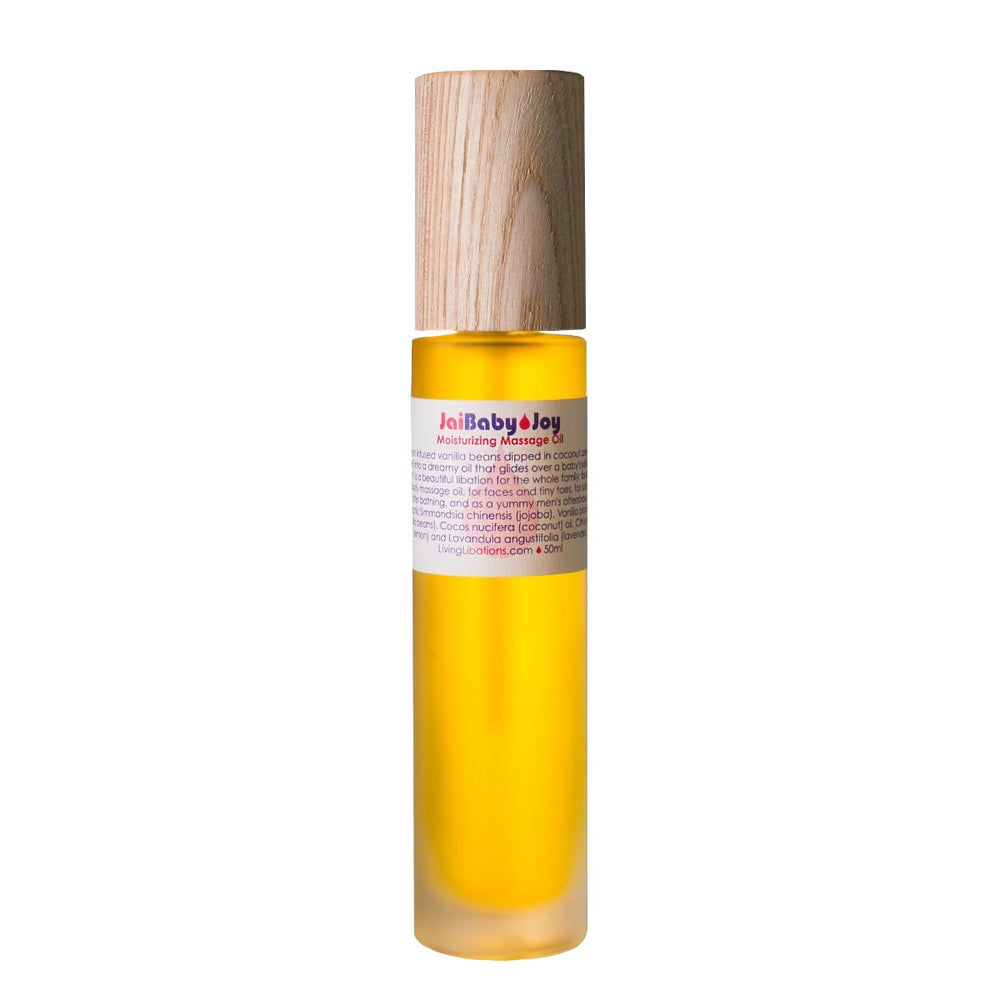Living Libations Jai Baby Joy Oil in a bottle, perfect for baby massages and nourishing delicate skin. 30ml