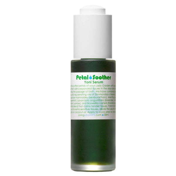 Living Libations Petal Soother Yoni Serum for soothing post-birth or intimate comfort with peppermint, seabuckthorn, and lavender oils.