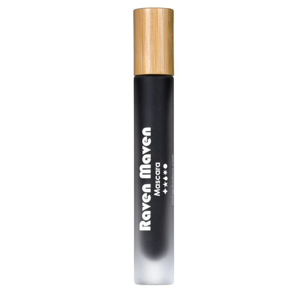 Living Libations Raven Maven Mascara in a sleek glass tube with a silicone wand, offering length, volume, and nourishment for lashes.