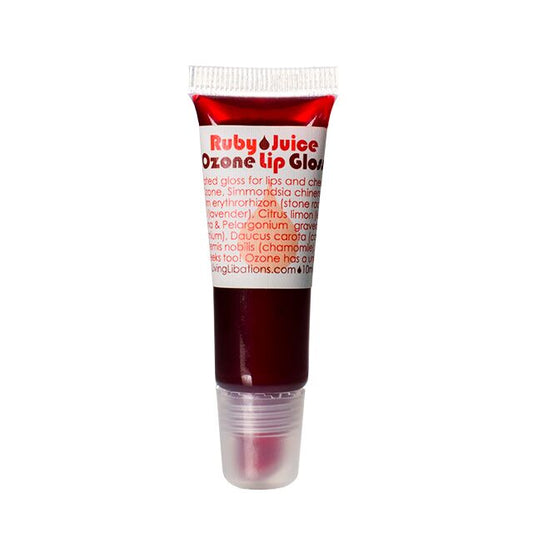 Living Libations Ruby Juice Ozonated Lip Gloss – tinted lip and cheek gloss with ozone and botanical oils.