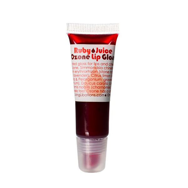 Living Libations Ruby Juice Ozonated Lip Gloss – tinted lip and cheek gloss with ozone and botanical oils.