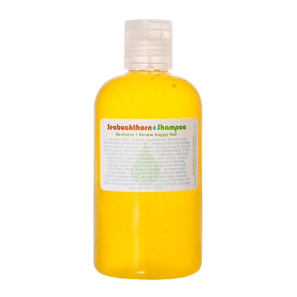 Living Libations Seabuckthorn Shampoo bottle, made with nourishing botanicals for all hair types. 240ml