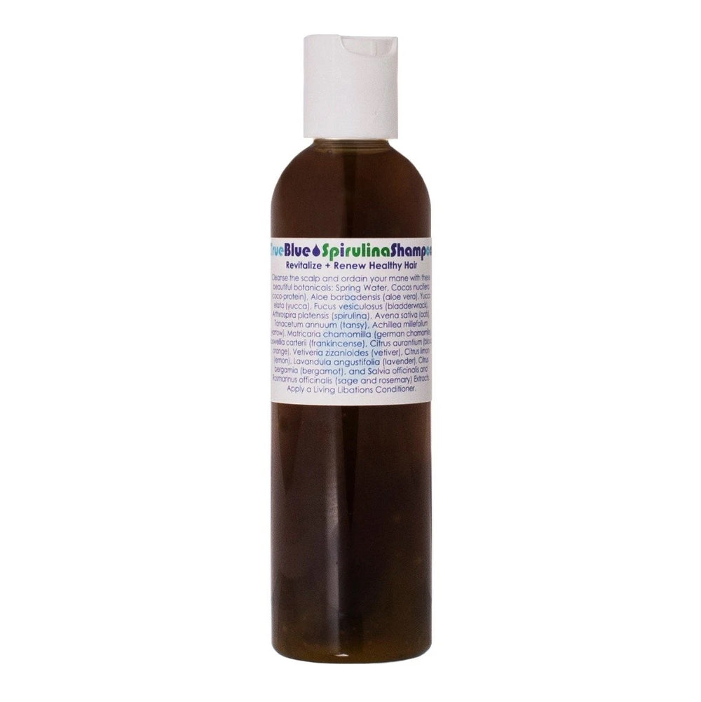 Living Libations True Blue Spirulina Shampoo bottle, formulated with spirulina and azulene-rich essential oils for balanced, shiny hair. 240ml