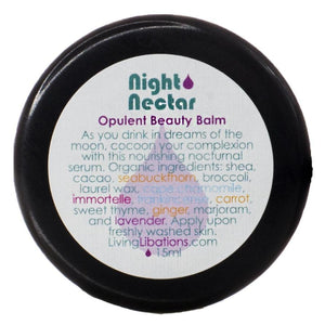 Living Libations Night Nectar Beauty Balm - A rich nighttime serum made with shea butter, cacao butter, and seabuckthorn to hydrate, and rejuvenate skin while you sleep. 15ml