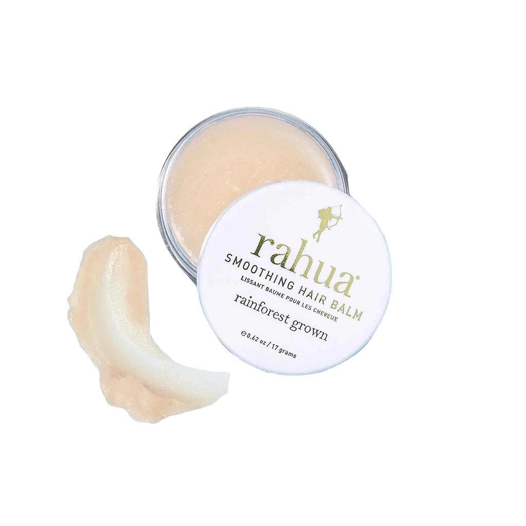 RAHUA Smoothing Hair Balm - anti-frizz, moisturizing balm for dry hair. Lightweight formula with Gardenia Enfleurage Oil adds shine and enhances color. Perfect for on-the-go touch-ups, also doubles as a lip balm, cuticle softener, and dry skin moisturizer. Suitable for all hair types and textures.