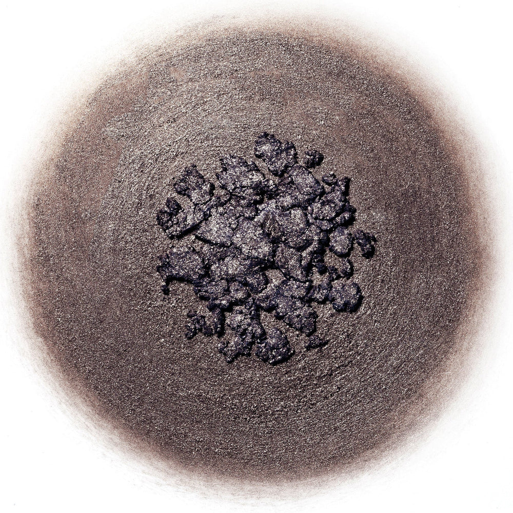 RITUEL DE FILLE Ash and Ember Eye Soot – Cultist, gray-taupe eyeshadow with subtle gold shimmer, light-catching sparks, velvety powder-cream texture in a small jar, vegan.