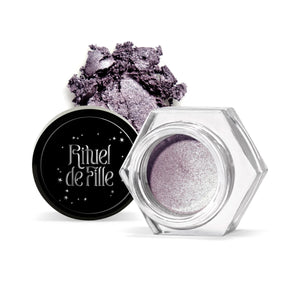 RITUEL DE FILLE Ash and Ember Eye Soot – Flora, dimensional lavender with iridescent satin finish in a small jar, rich velvety texture, vegan and artisanal.