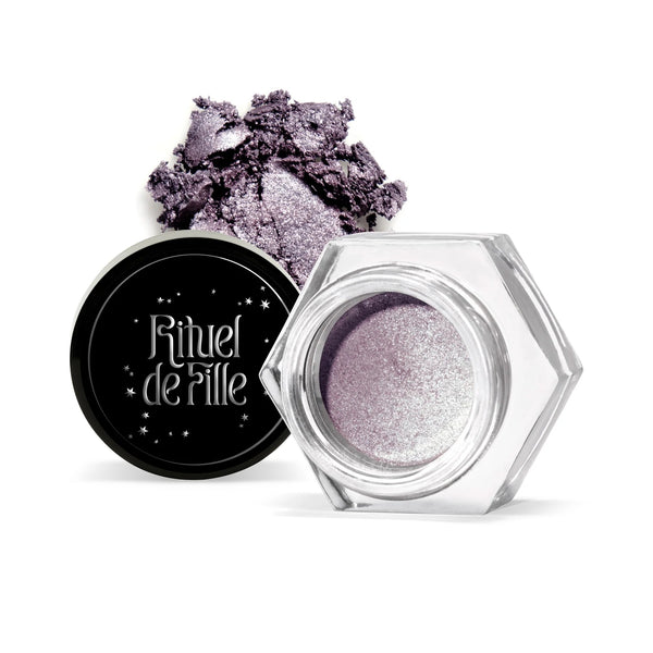 RITUEL DE FILLE Ash and Ember Eye Soot – Flora, dimensional lavender with iridescent satin finish in a small jar, rich velvety texture, vegan and artisanal.