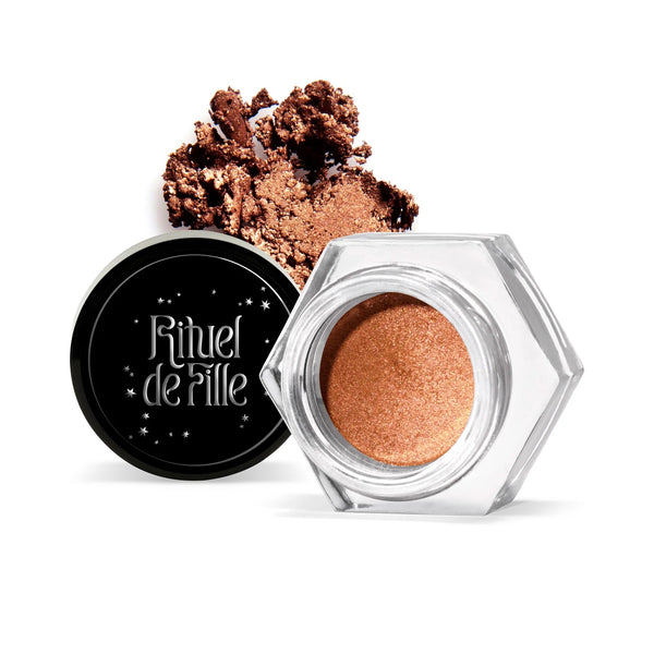 RITUEL DE FILLE Ash and Ember Eye Soot – Love Spell, warm copper shimmer eyeshadow in rich velvety powder-cream texture, small jar, vegan.