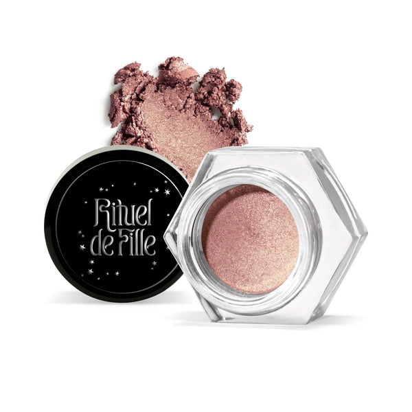 RITUEL DE FILLE Ash and Ember Eye Soot – Sigil, warm rosé champagne shimmer eyeshadow with golden sparks, velvety powder-cream texture, small jar, vegan.