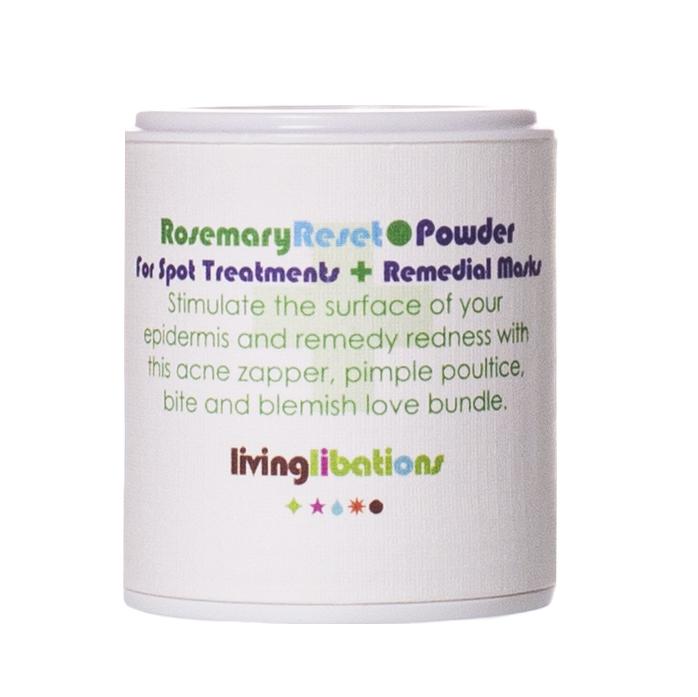 Living Libations Rosemary Reset Powder in jar with label visible. 30ml
