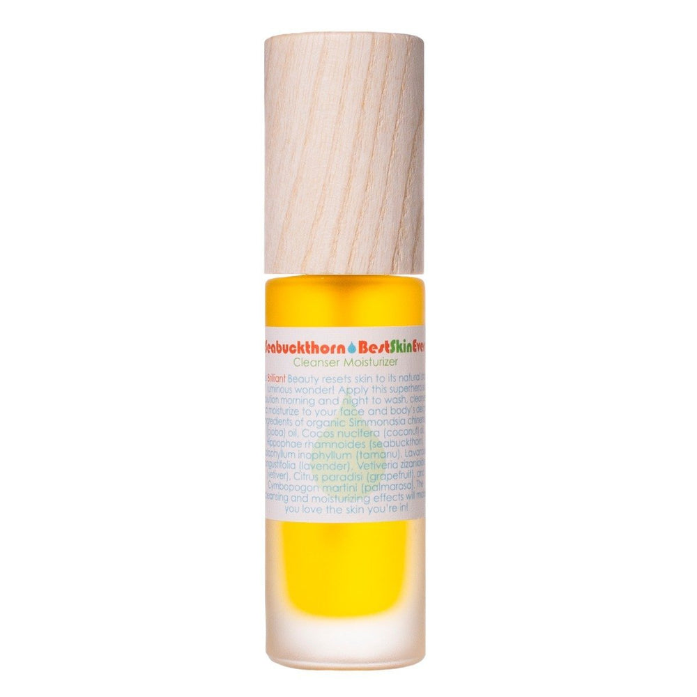 Living Libations Best Skin Ever Seabuckthorn, a nourishing blend of Seabuckthorn, Jojoba, Coconut, and Lavender to hydrate, exfoliate, and restore glowing skin. 30ml