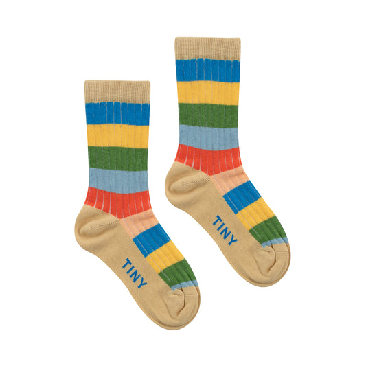 TINYCOTTONS Multicolor Stripes Medium Socks Papaya & Washed Blue & Yellow ALWAYS SHOW