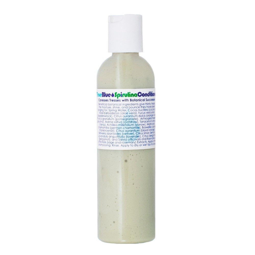 Living Libations True Blue Spirulina Conditioner bottle, formulated with azulene-rich essential oils and plant-based ingredients for hydrated, tangle-free hair. 240ml