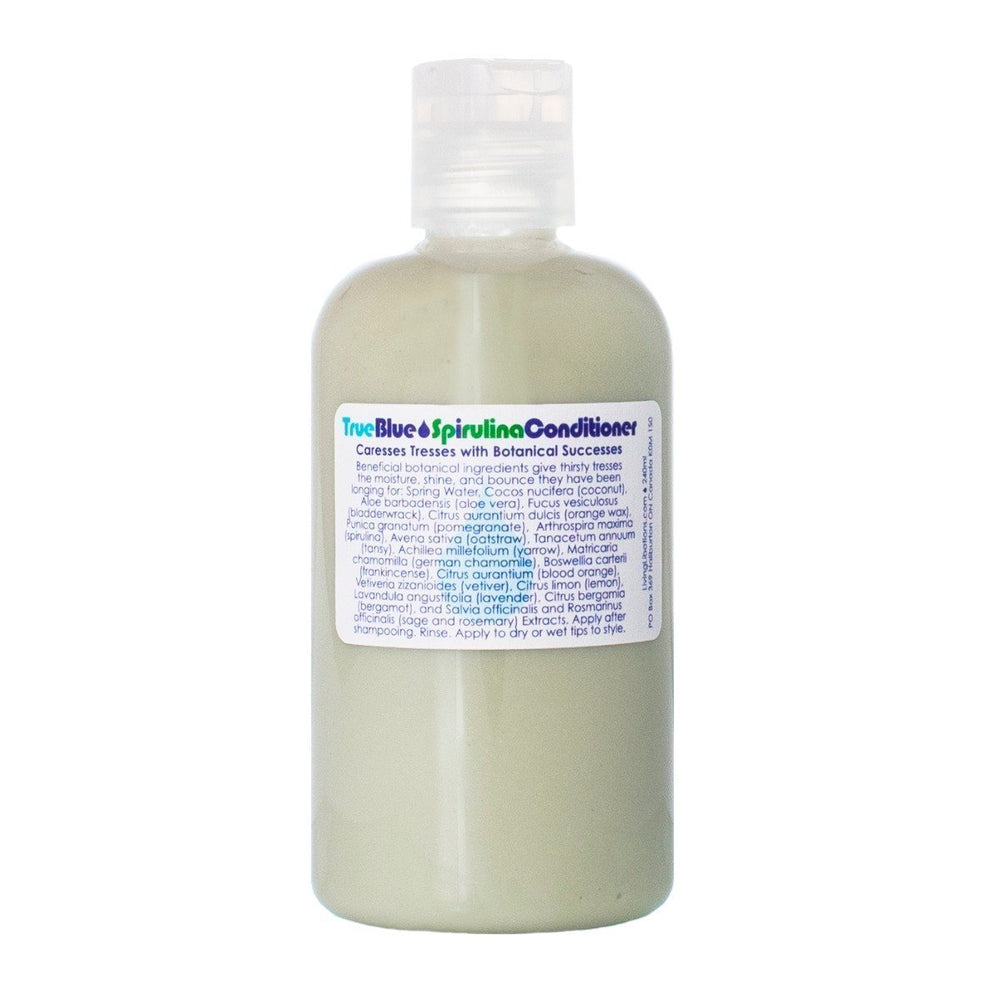 Living Libations True Blue Spirulina Conditioner bottle, formulated with azulene-rich essential oils and plant-based ingredients for hydrated, tangle-free hair. 240ml